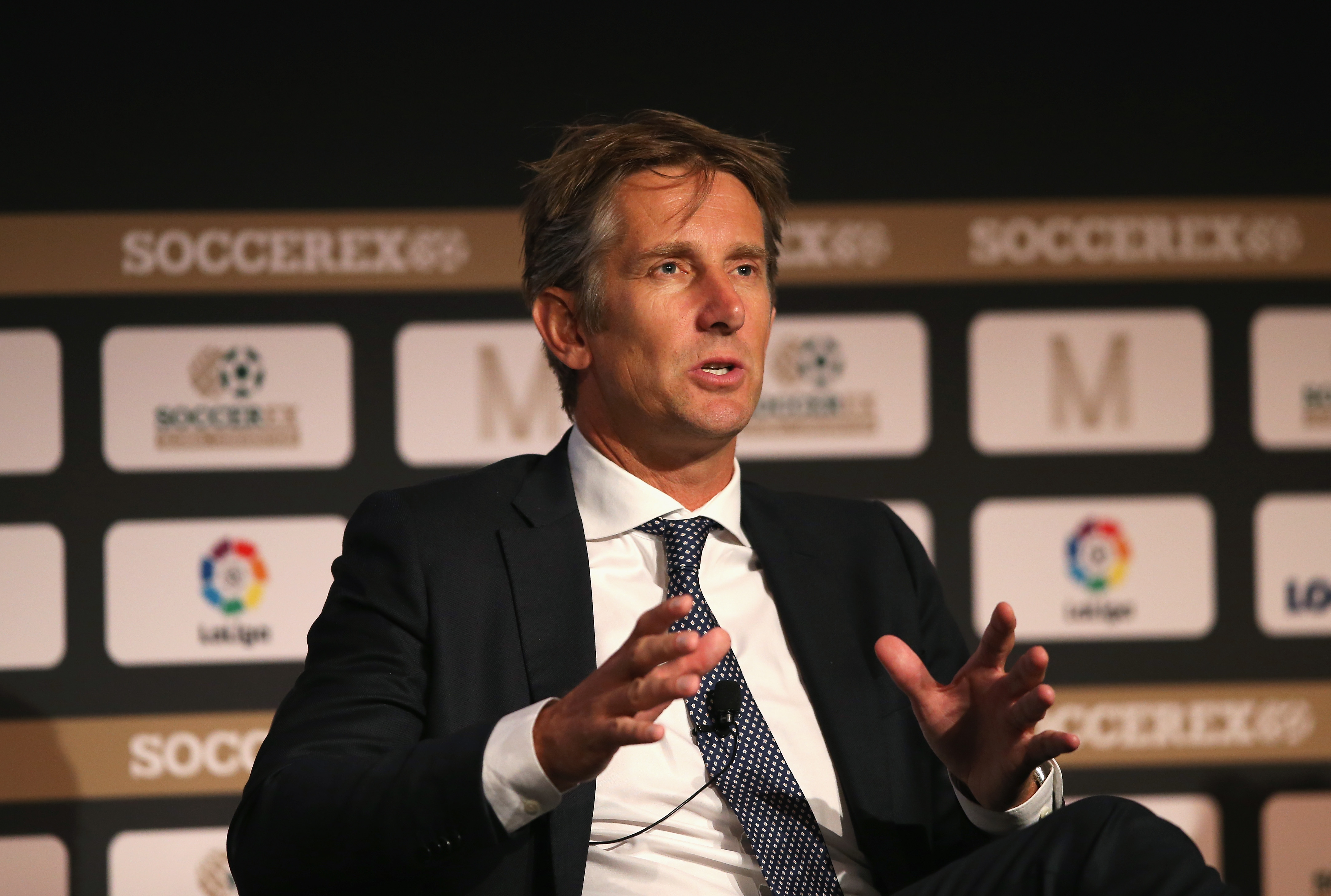 MANCHESTER, ENGLAND - SEPTEMBER 06:  Edwin van der Sar, AFC Ajax CEO talks during day 3 of the Soccerex Global Convention at Manchester Central Convention Complex on September 6, 2017 in Manchester, England.  (Photo by Jan Kruger/Getty Images for Soccerex)