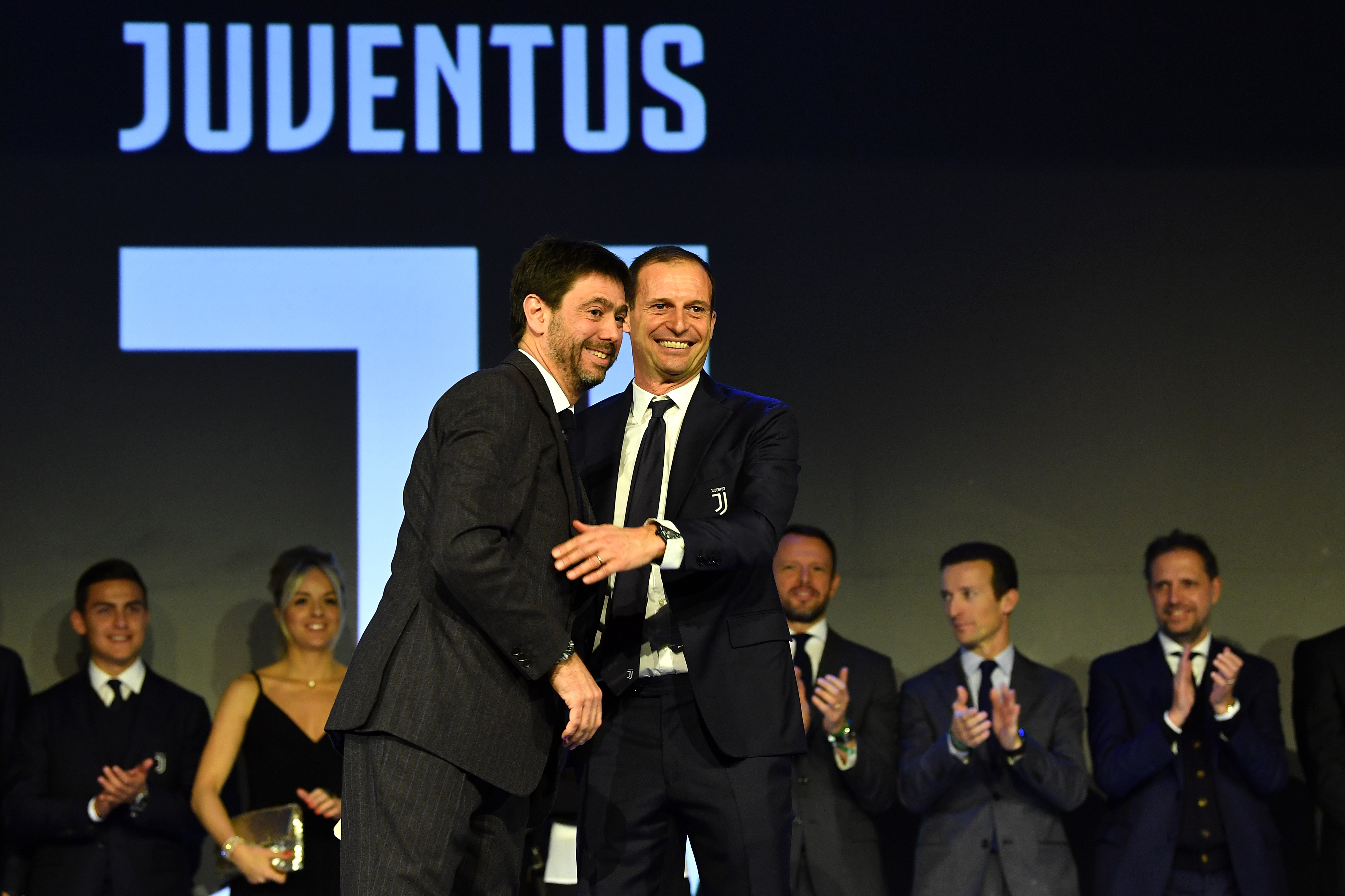TURIN, ITALY - DECEMBER 20:  Juventus president Andrea Agnelli and head coach Massimiliano Allegri smile during the Juventus Institutional Xmas Dinner on December 20, 2018 in Turin, Italy.  (Photo by Valerio Pennicino - Juventus FC/Juventus FC via Getty Images)