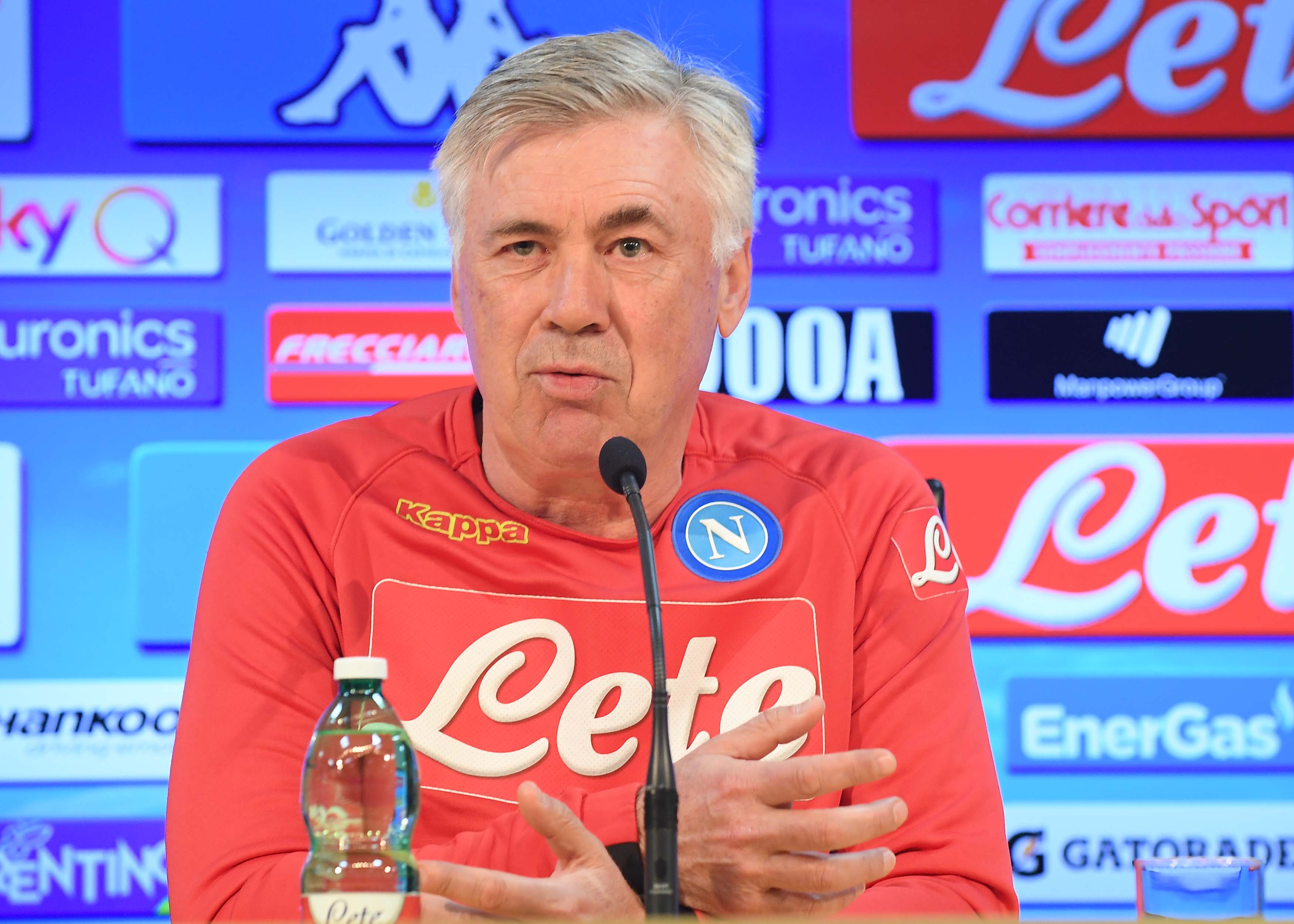 NAPLES, ITALY - MARCH 30:  Carlo Ancelotti during an SSC Napoli Press Conference on March 30, 2019 in Naples, Italy.  (Photo by Ciro Sarpa SSC NAPOLI/SSC NAPOLI via Getty Images)