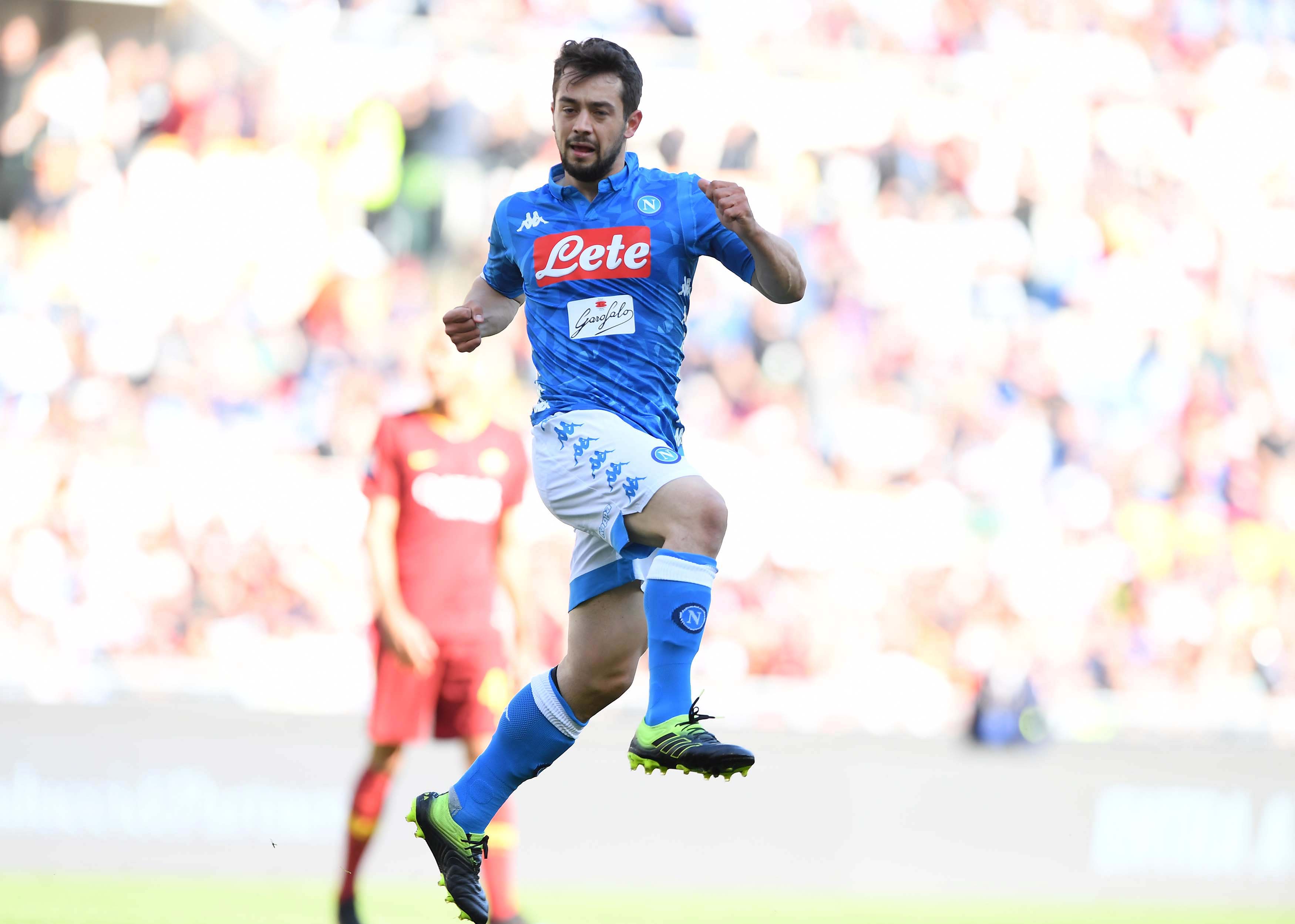 ROME, ITALY - MARCH 31:  Amin Younes  of Napoli celebrates after scoring the first goal  during the Serie A match between AS Roma and SSC Napoli at Stadio Olimpico on March 31, 2019 in Rome, Italy.  (Photo by Ciro Sarpa  SSC NAPOLI/SSC NAPOLI via Getty Images)