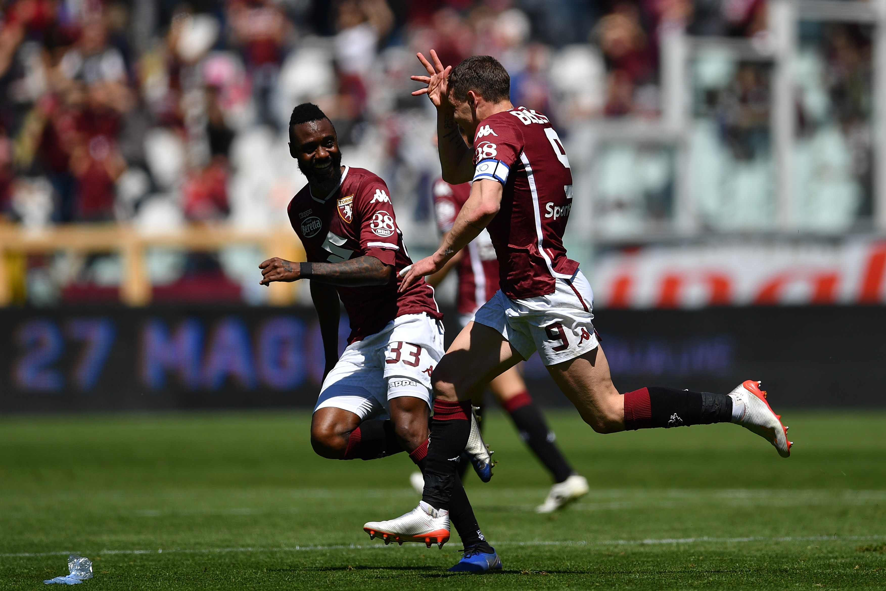 TURIN, ITALY - MAY 12:  Andrea Belotti (R) of Torino FC celebrates a goal during the Serie A match between Torino FC and US Sassuolo at Stadio Olimpico di Torino on May 12, 2019 in Turin, Italy.  (Photo by Valerio Pennicino/Getty Images)