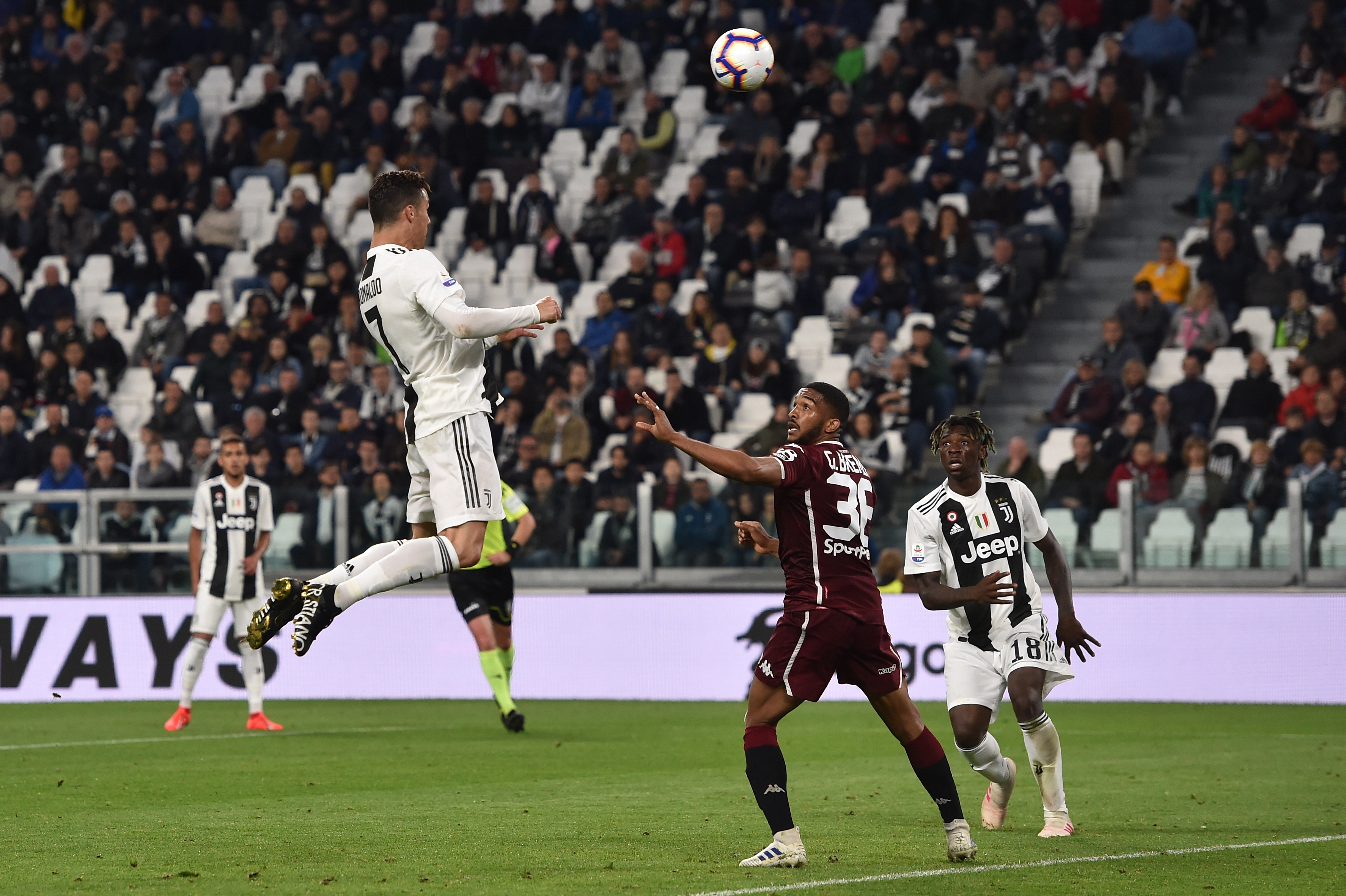 TURIN, ITALY - MAY 03: Cristiano Ronaldo of Juventus scores the equalizing goal during the Serie A match between Juventus and Torino FC on May 03, 2019 in Turin, Italy. (Photo by Tullio M. Puglia/Getty Images)