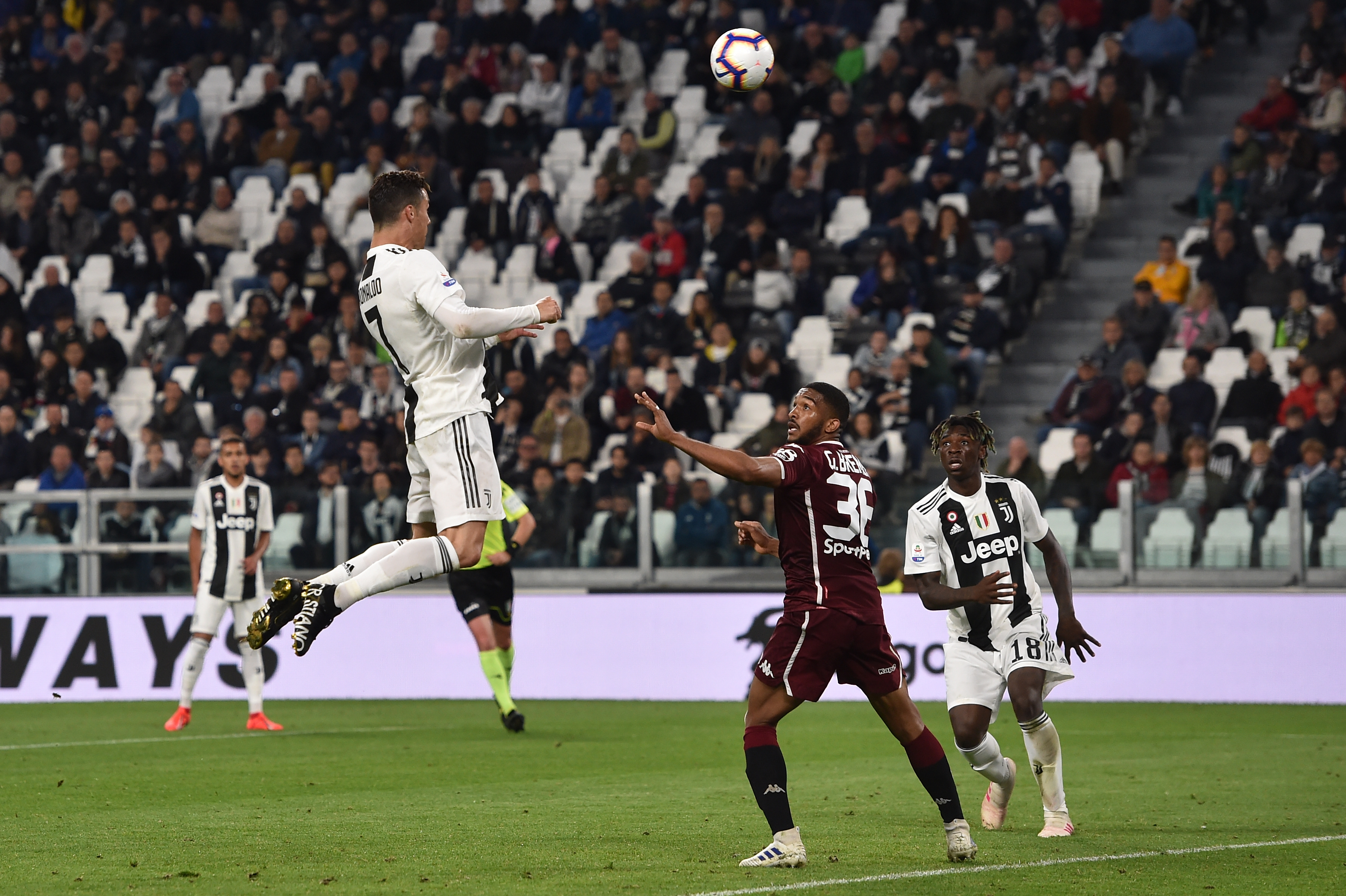 TURIN, ITALY - MAY 03: Cristiano Ronaldo of Juventus scores the equalizing goal during the Serie A match between Juventus and Torino FC on May 03, 2019 in Turin, Italy. (Photo by Tullio M. Puglia/Getty Images)