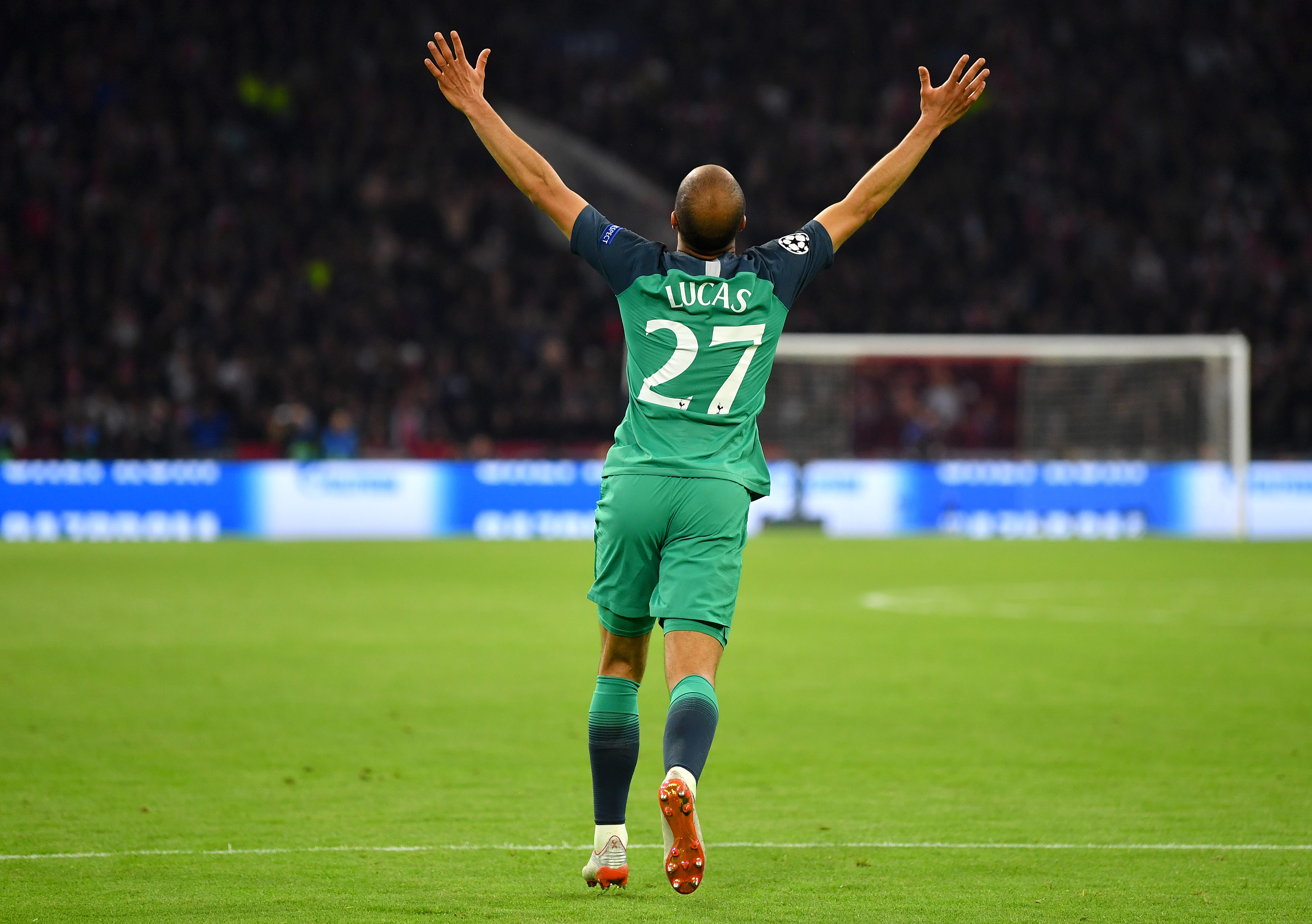 AMSTERDAM, NETHERLANDS - MAY 08: Lucas Moura of Tottenham Hotspur celebrates after scoring his team's second goal during the UEFA Champions League Semi Final second leg match between Ajax and Tottenham Hotspur at the Johan Cruyff Arena on May 08, 2019 in Amsterdam, Netherlands. (Photo by Dan Mullan/Getty Images )