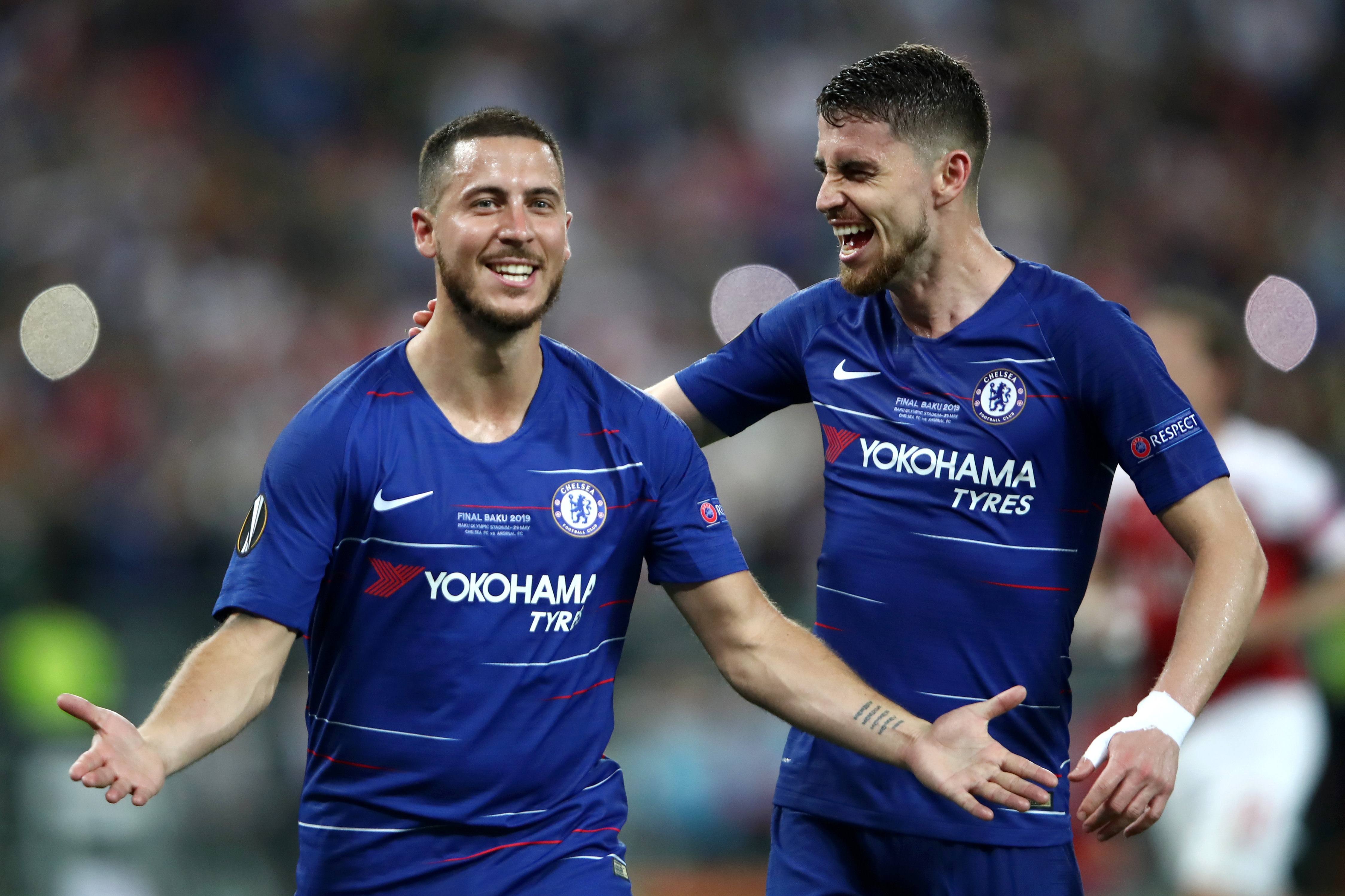 BAKU, AZERBAIJAN - MAY 29:  Eden Hazard of Chelsea celebrates after scoring his team's third goal with Jorginho of Chelsea during the UEFA Europa League Final between Chelsea and Arsenal at Baku Olimpiya Stadionu on May 29, 2019 in Baku, Azerbaijan. (Photo by Alex Grimm/Getty Images)