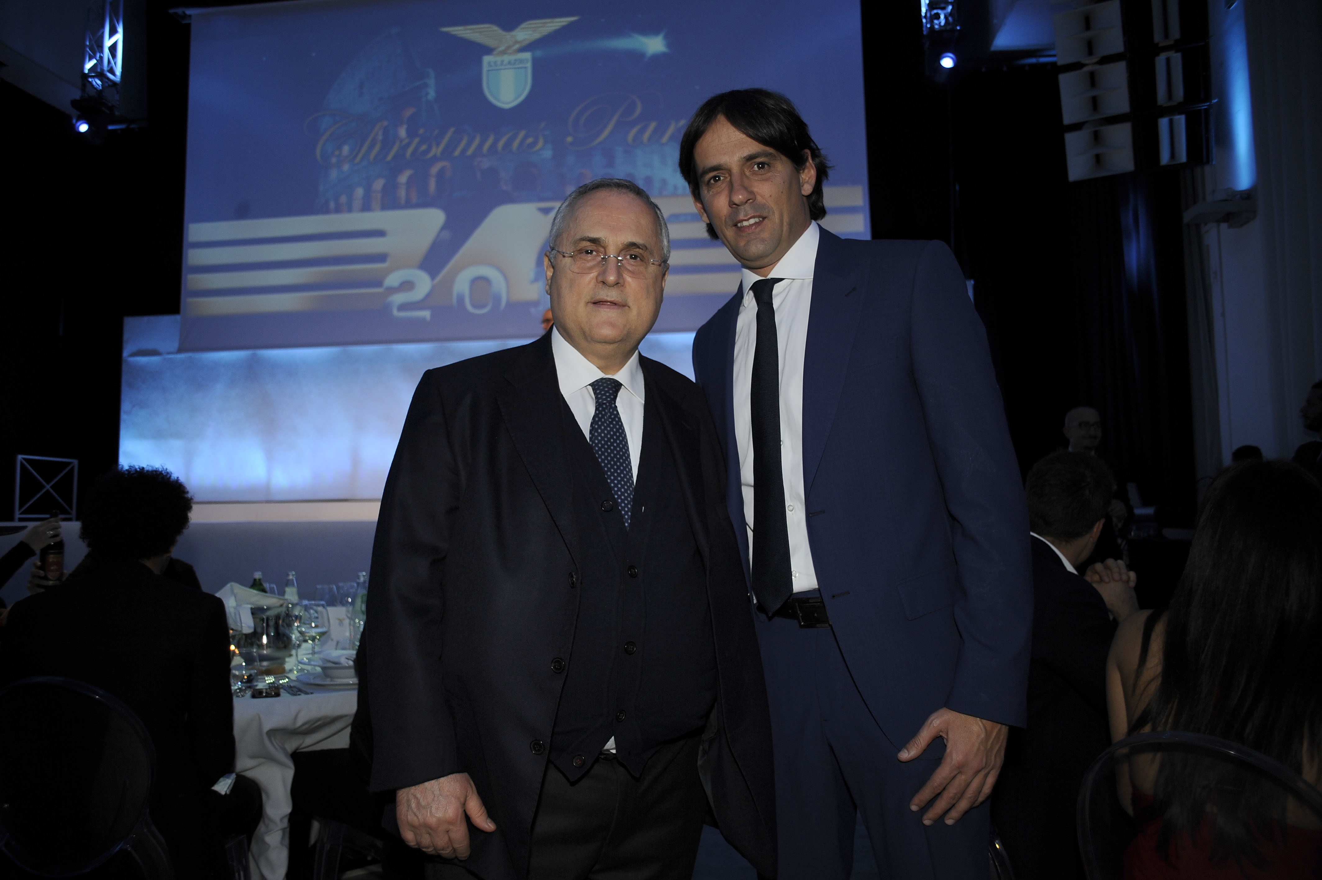 ROME, ITALY - DECEMBER 19:  SS Lazio Presidenti Claudio Lotito and SS Lazio head coach Simone Inzaghi pose during the SS Lazio Christmas Party on December 19, 2017 in Rome, Italy.  (Photo by Marco Rosi/Getty Images)