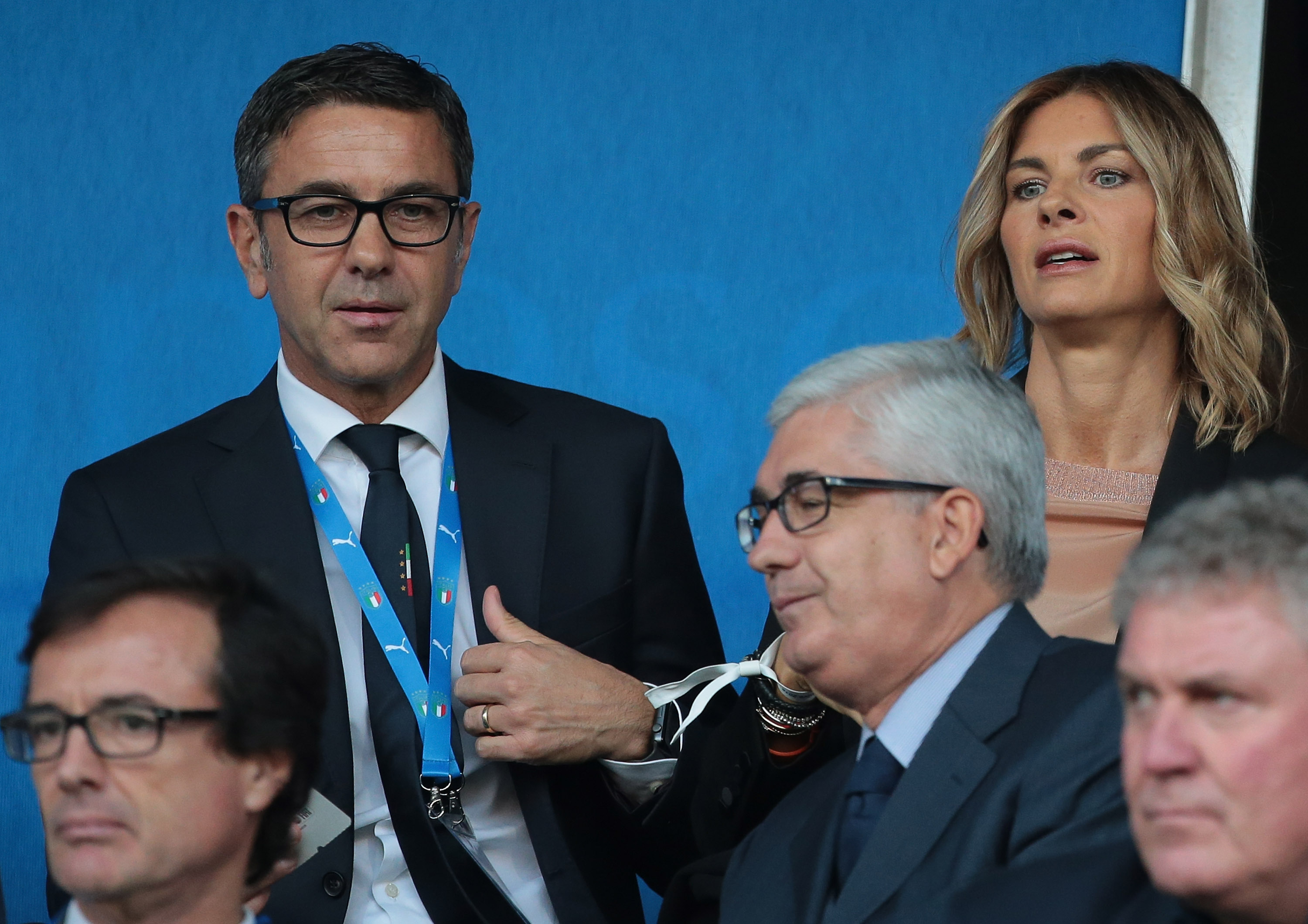 CREMONA, ITALY - OCTOBER 09:  Alessandro Costacurta (L) Commissioner of FIGC and his wife Martina Colombari are seen during the International Friendly match between Italy Women and Sweden Women at Stadio Giovanni Zini on October 9, 2018 in Cremona, Italy.  (Photo by Emilio Andreoli/Getty Images)