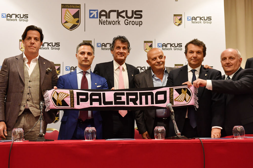 PALERMO, ITALY - MAY 08: (L-R) Walter Tuttolomondo, Vincenzo Macaione, Giuseppe Valente, Salvatore Tuttolomondo, Alessandro Albanese and Roberto Bergamo attend a press conference during the presentation of ARKUS Network Group as US Citta' di Palermo new owner at Mondello Palace on May 08, 2019 in Palermo, Italy. (Photo by Tullio M. Puglia/Getty Images)