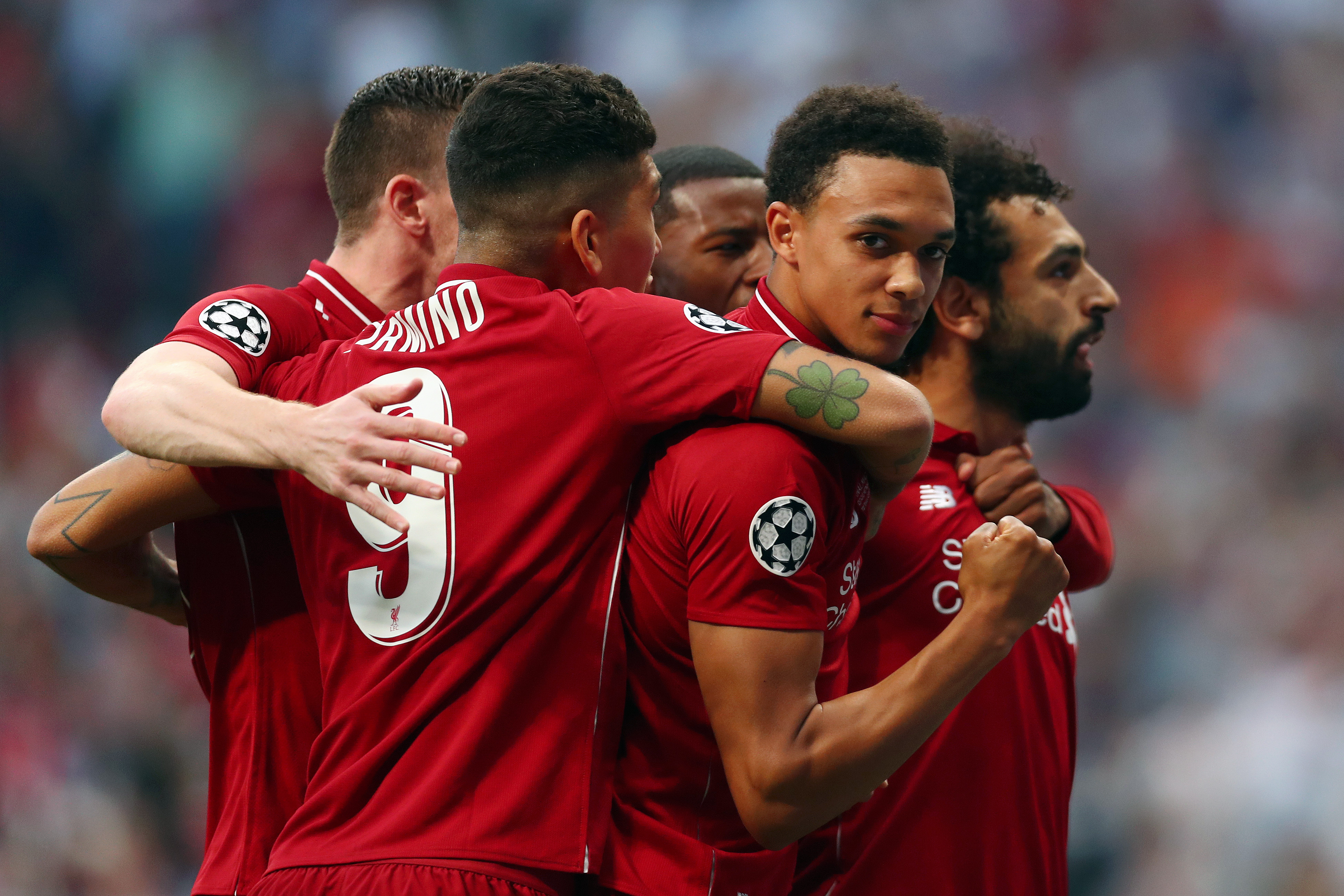 MADRID, SPAIN - JUNE 01: Mohamed Salah of Liverpool celebrates with teammates after scoring his team's first goal during the UEFA Champions League Final between Tottenham Hotspur and Liverpool at Estadio Wanda Metropolitano on June 01, 2019 in Madrid, Spain. (Photo by Clive Rose/Getty Images)