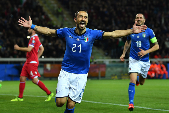 PARMA, ITALY - MARCH 26:  Fabio Quagliarella of Italy celebrates his goal of 3-0 during the 2020 UEFA European Championships group J qualifying match between Italy and Liechtenstein at Ennio Tardini on March 26, 2019 in Parma, Italy.  (Photo by Valerio Pennicino/Getty Images)